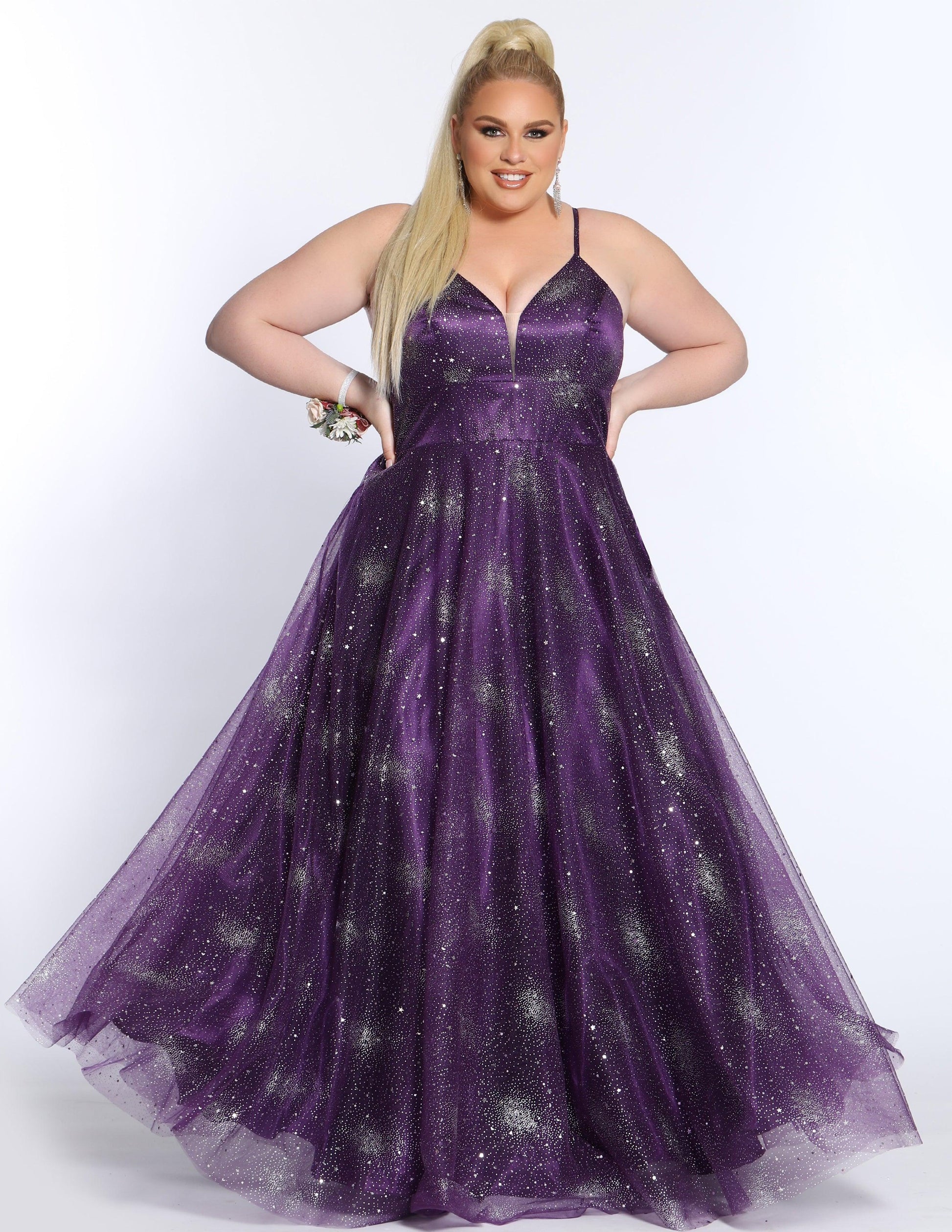 plus size plum formal dress Sydneys Closet SC7428 Size 26 Plum Plus Size Dress Ballgown Lace Shimm