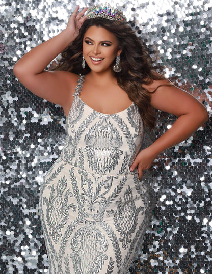  Long Plus Size Fitted Prom Formal Gown Metallic Nude