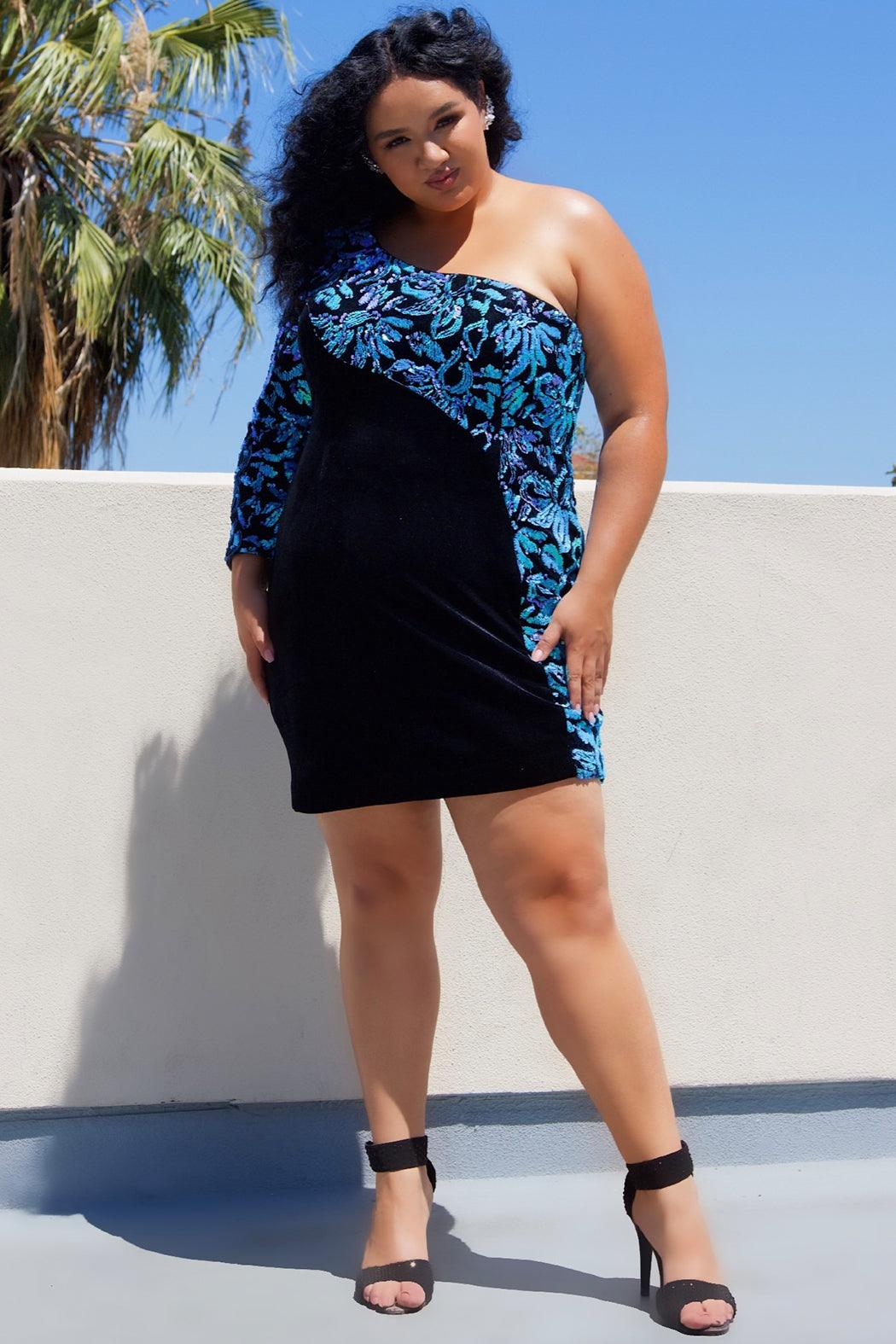 Sydneys Closet SC8114 Plus Size One Shoulder Homecoming Short Dress