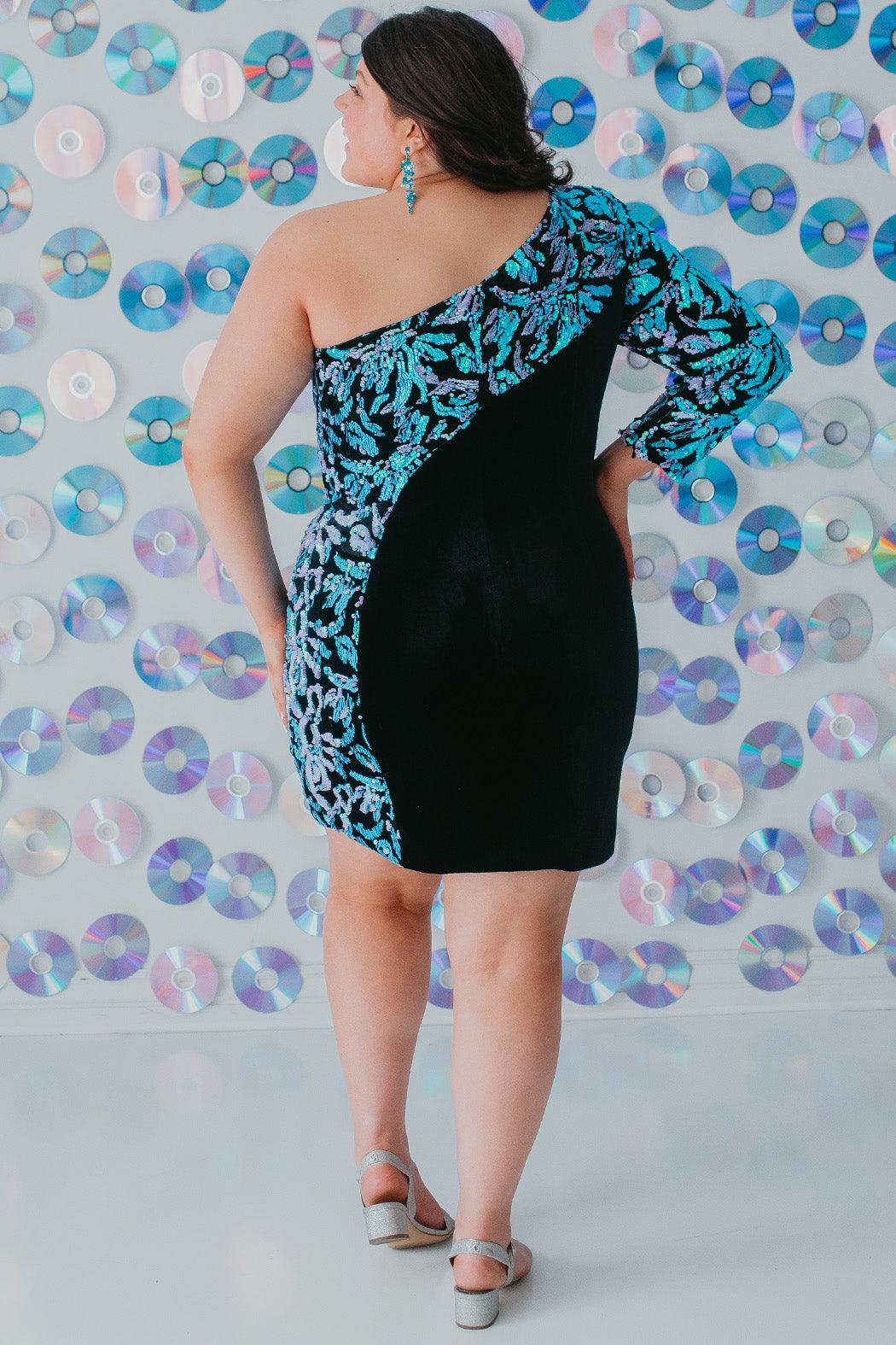 Sydneys Closet SC8114 Plus Size One Shoulder Homecoming Short Dress