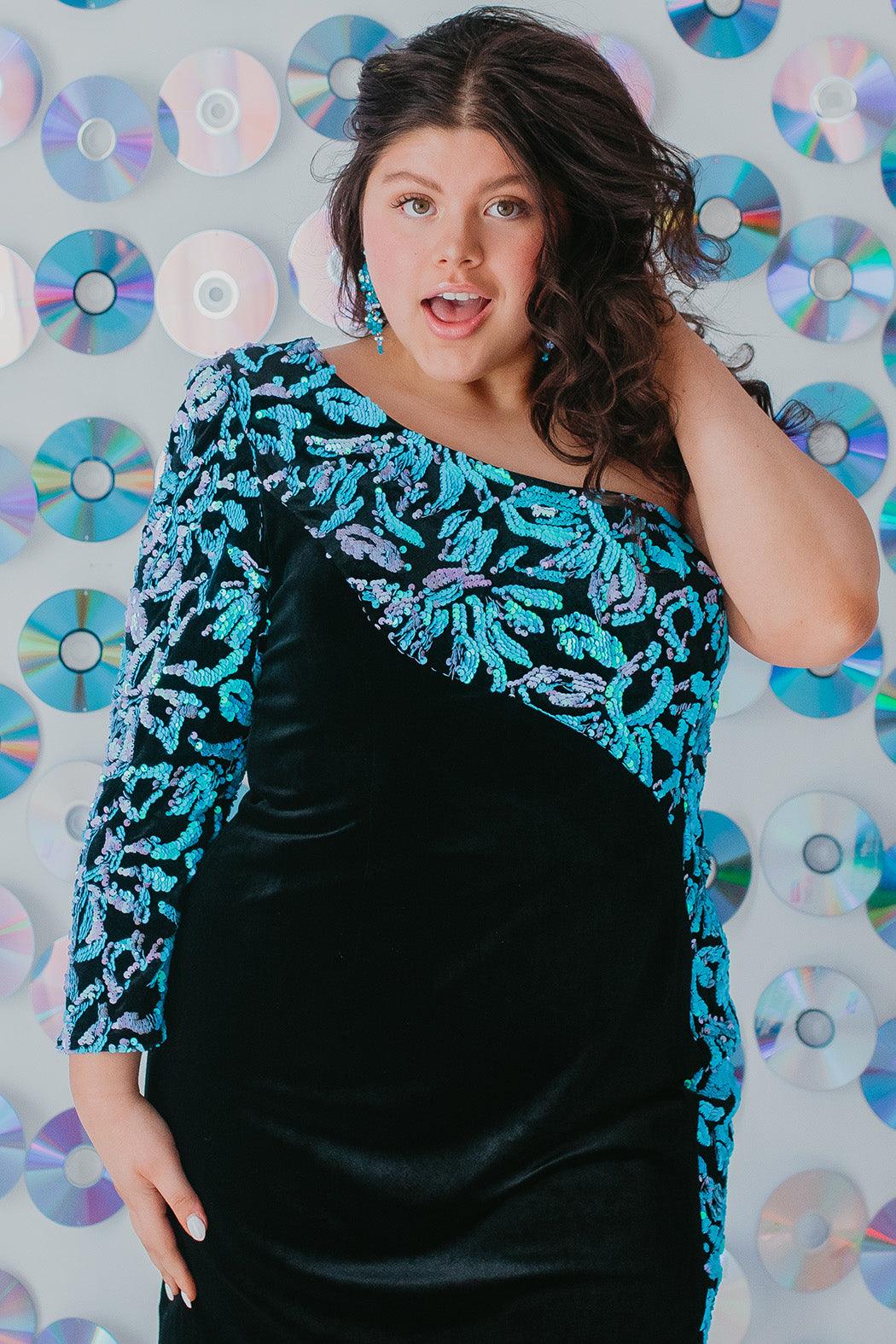 Sydneys Closet SC8114 Plus Size One Shoulder Homecoming Short Dress