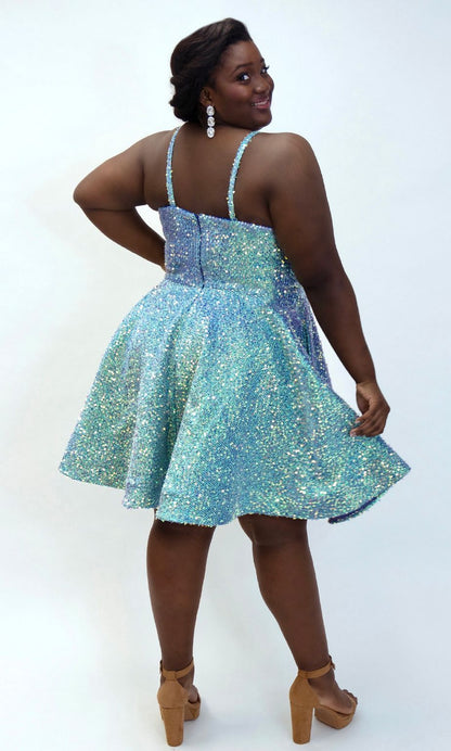 Plus Size Dresses Short Plus Size Homecoming Sequin Dress Iridescent Blue