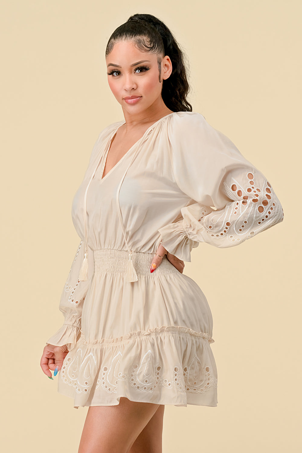 V-NECK FLARED SLEEVE MINI DRESS DOMINICAN DECADENCE main image 1