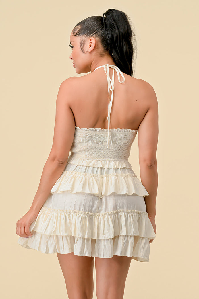 Cocktail Dresses Short Halter Neck Mini Ruffle Dress Off white