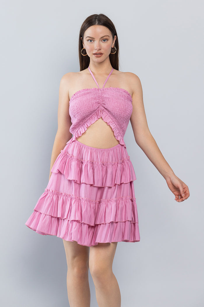 Cocktail Dresses Short Halter Neck Mini Ruffle Dress Pink