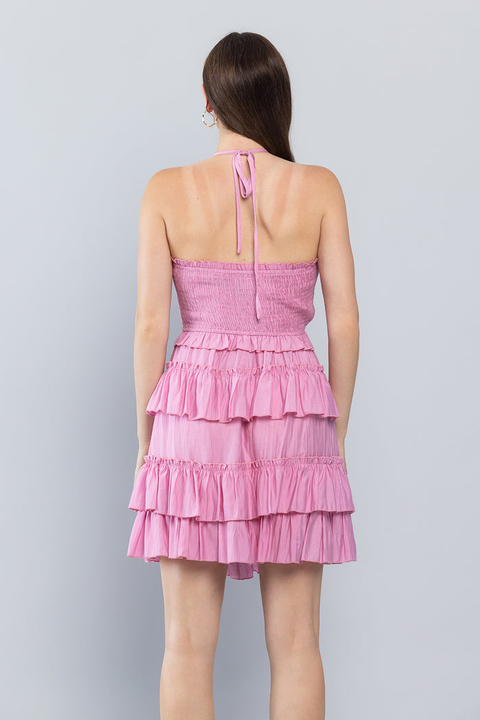 Cocktail Dresses Short Halter Neck Mini Ruffle Dress Pink