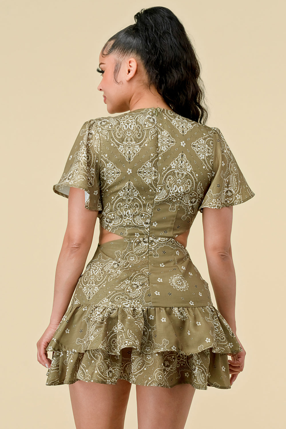 Short Printed Ruffled Layered Side Cutout Dress