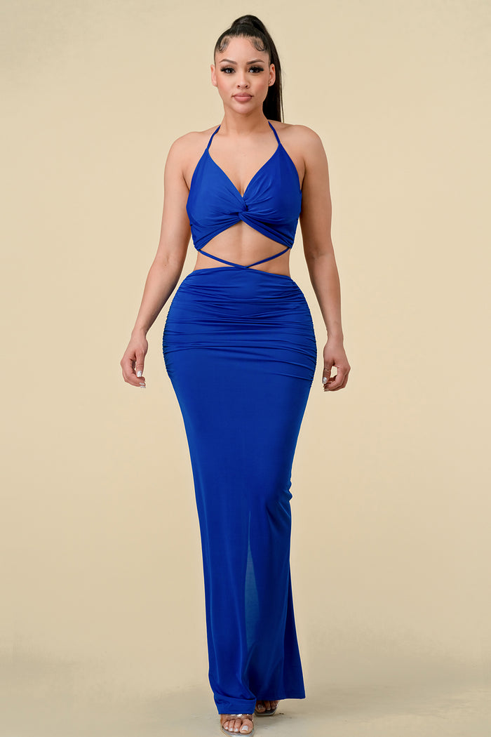 Formal Dresses Long Halter Neck Front Twist Fitted Dress Royal