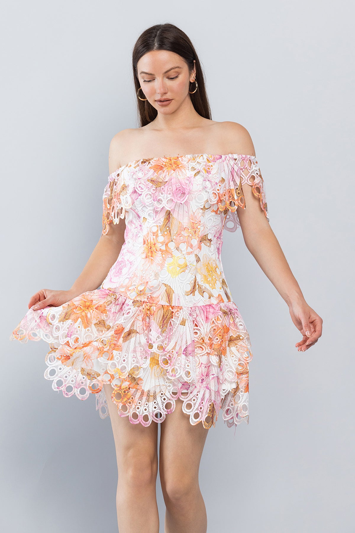 Short Off Shoulder Printed Lace Dress