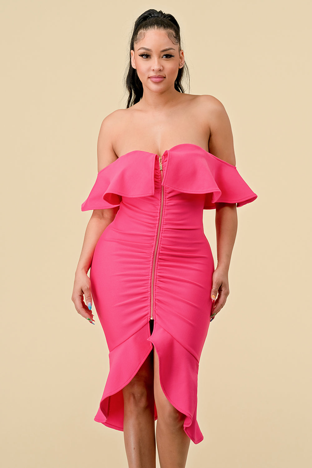 Cocktail Dresses High Low Ruffle Off Shoulder Dress Pink