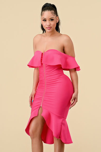 Cocktail Dresses High Low Ruffle Off Shoulder Dress Pink