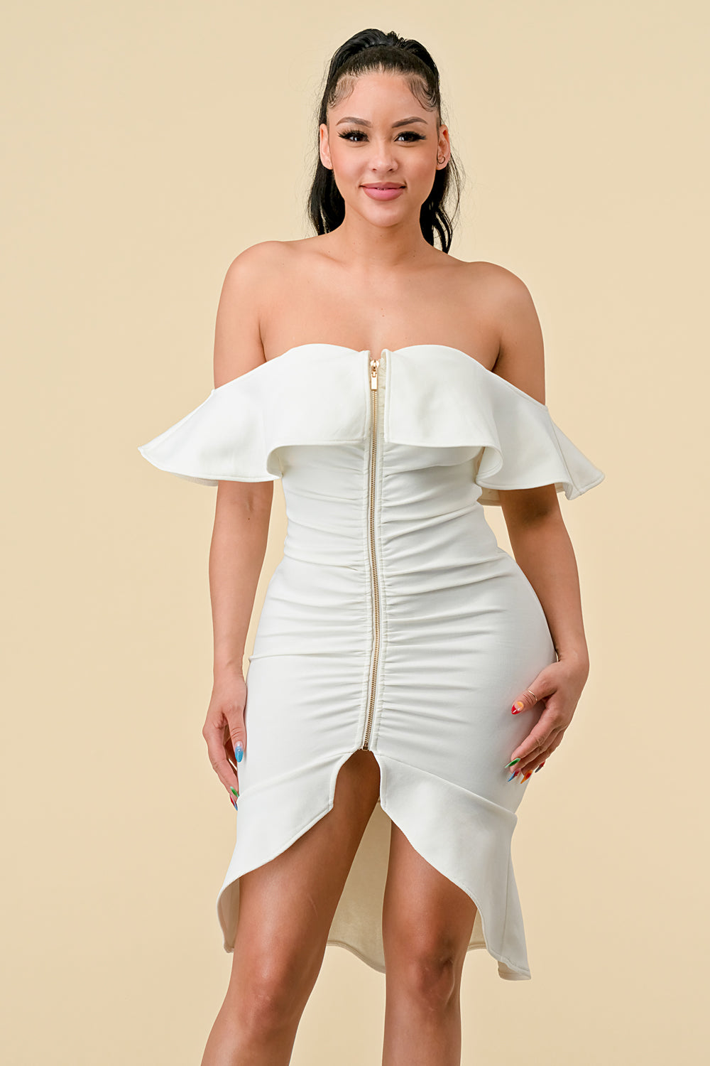 Cocktail Dresses High Low Ruffle Off Shoulder Dress Off White