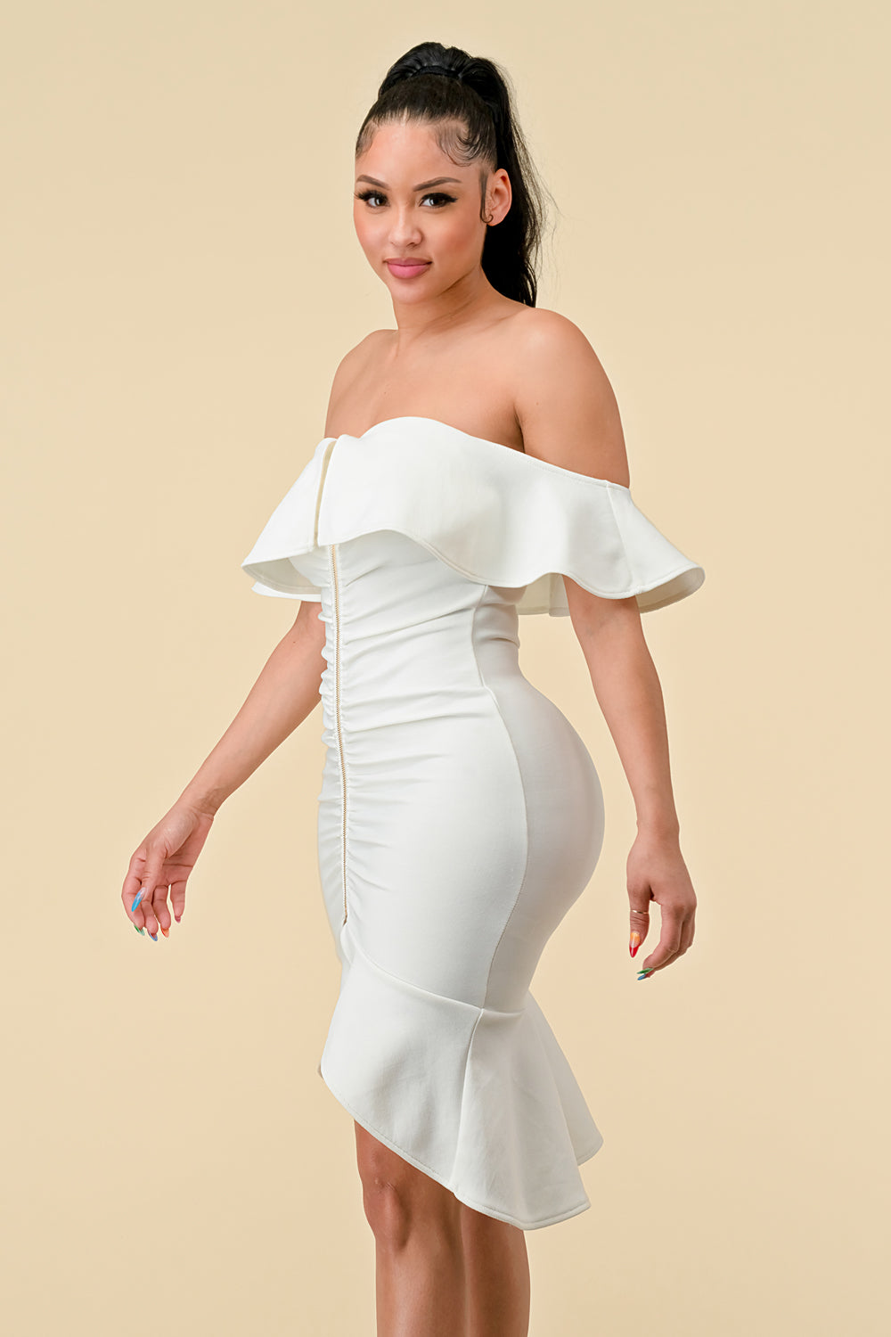High Low Ruffle Off Shoulder Dress