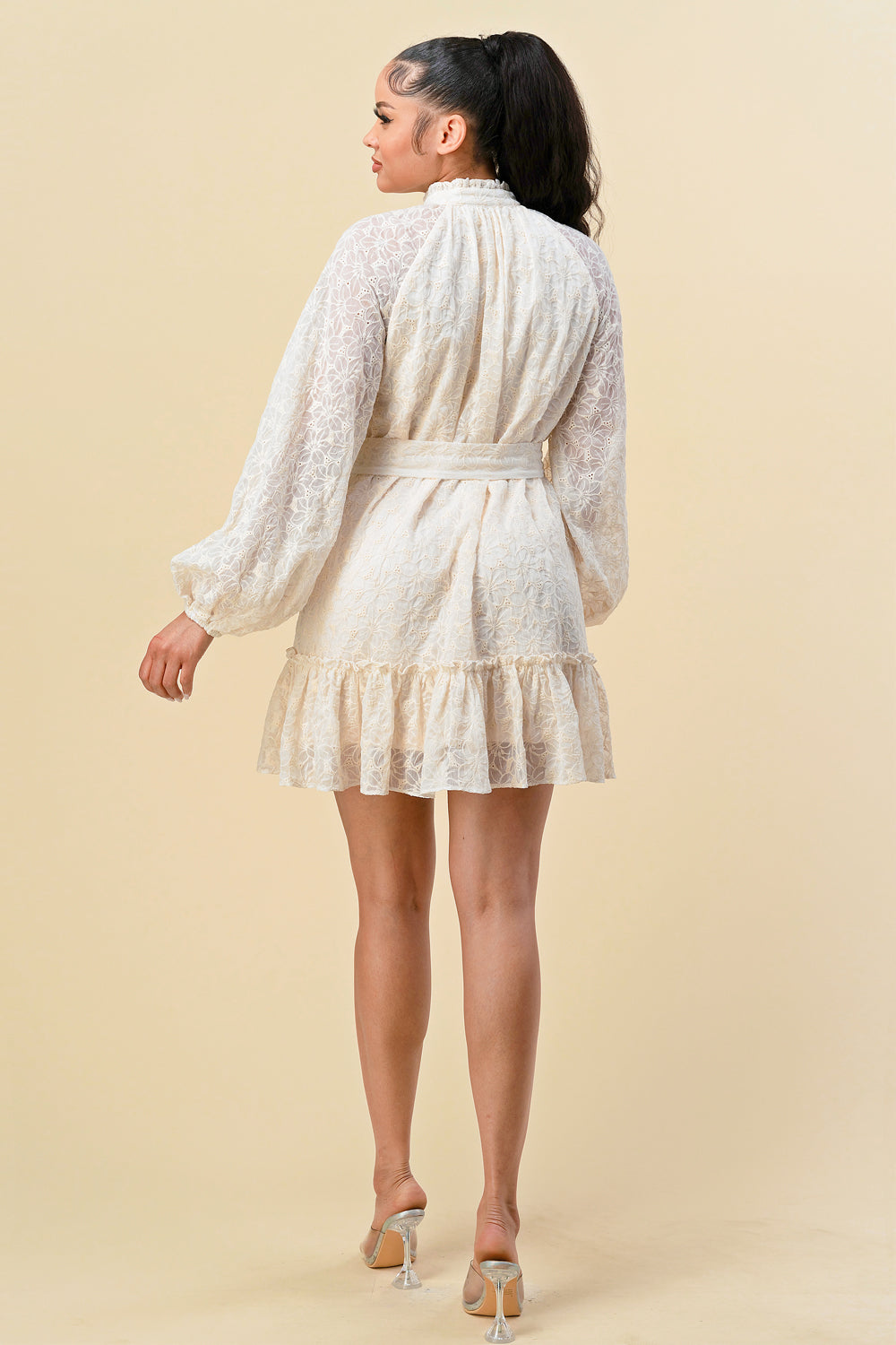 Cocktail Dresses Long Sleeve Button Down Ruffle Dress Cream