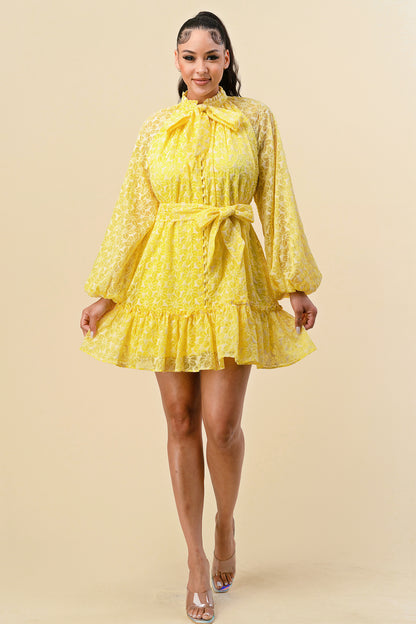 Cocktail Dresses Long Sleeve Button Down Ruffle Dress Yellow