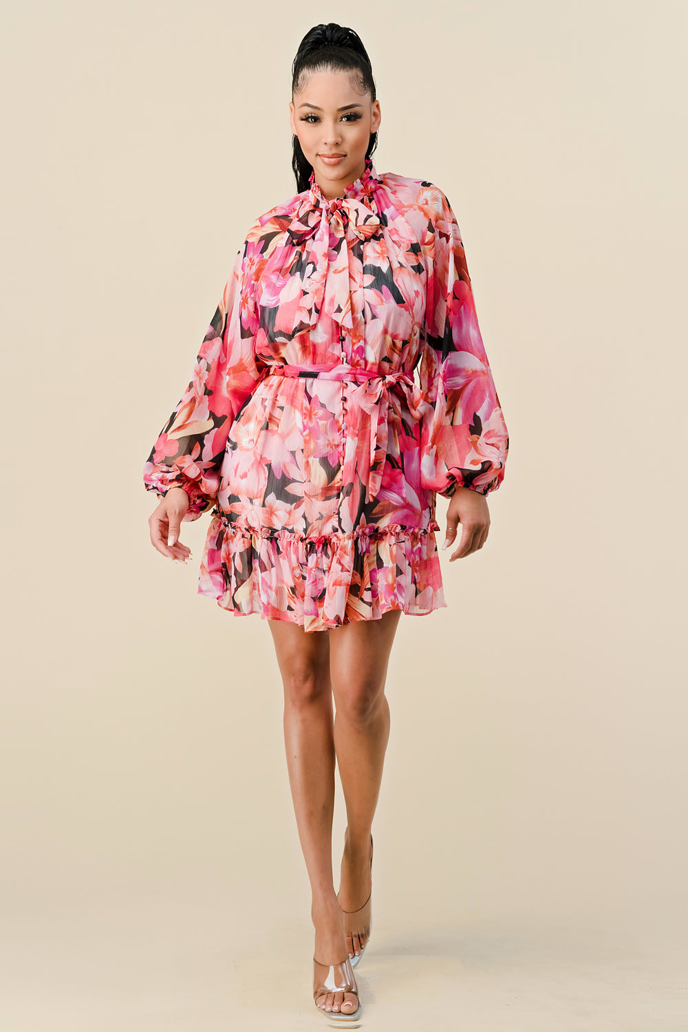 Long Sleeve Button Down Ruffle Dress
