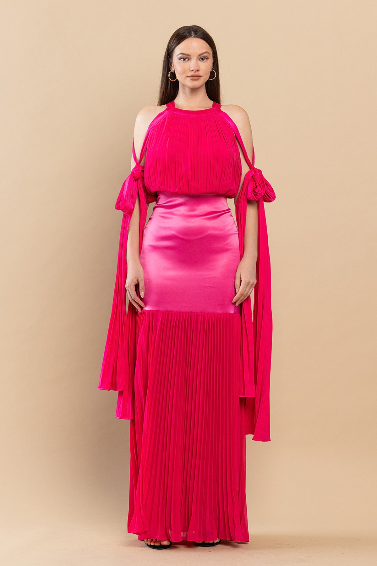 Long Mermaid Pleated Satin Maxi Dress