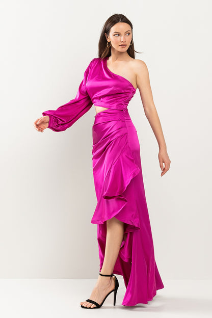 Cocktail Dresses High Low One shoulder Ruffle Dress Hot Pink