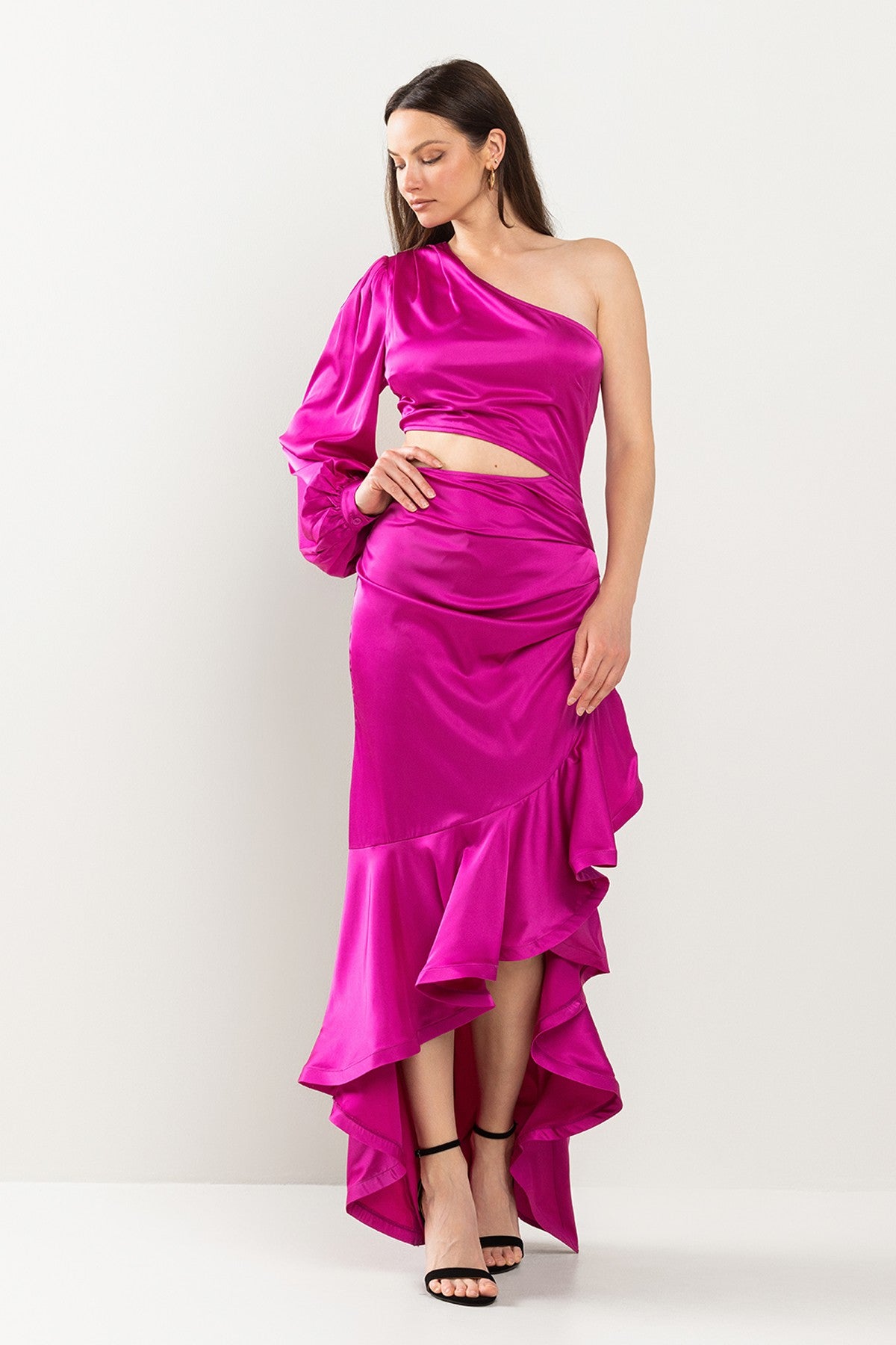 Cocktail Dresses High Low One shoulder Ruffle Dress Hot Pink