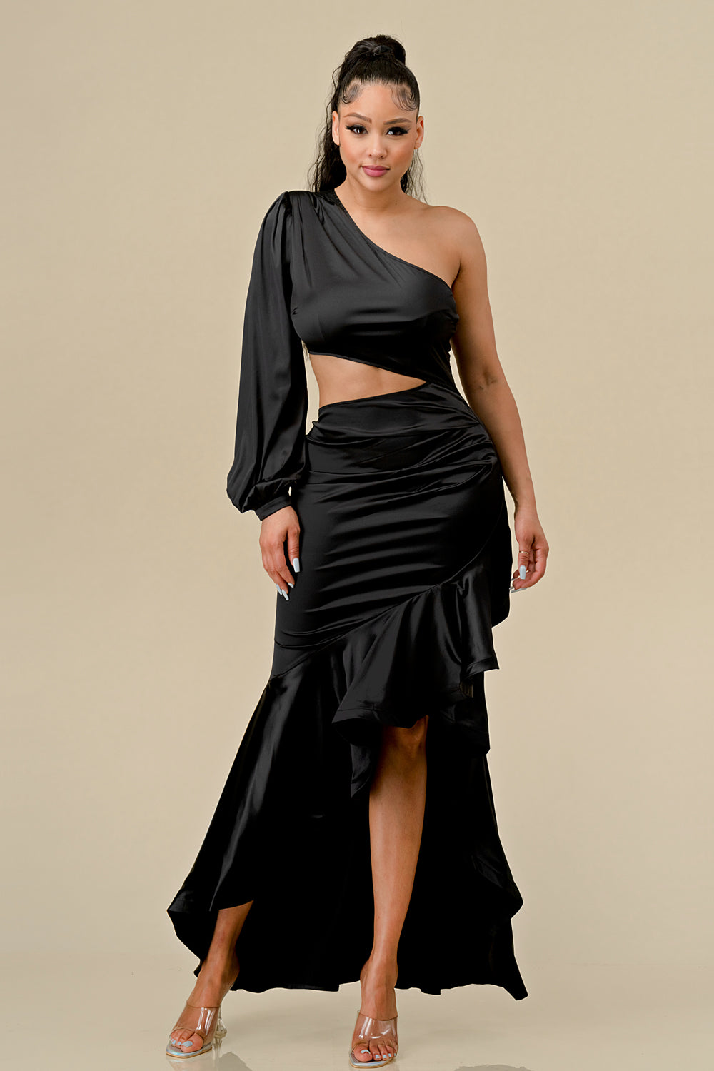Cocktail Dresses High Low One shoulder Ruffle Dress Black