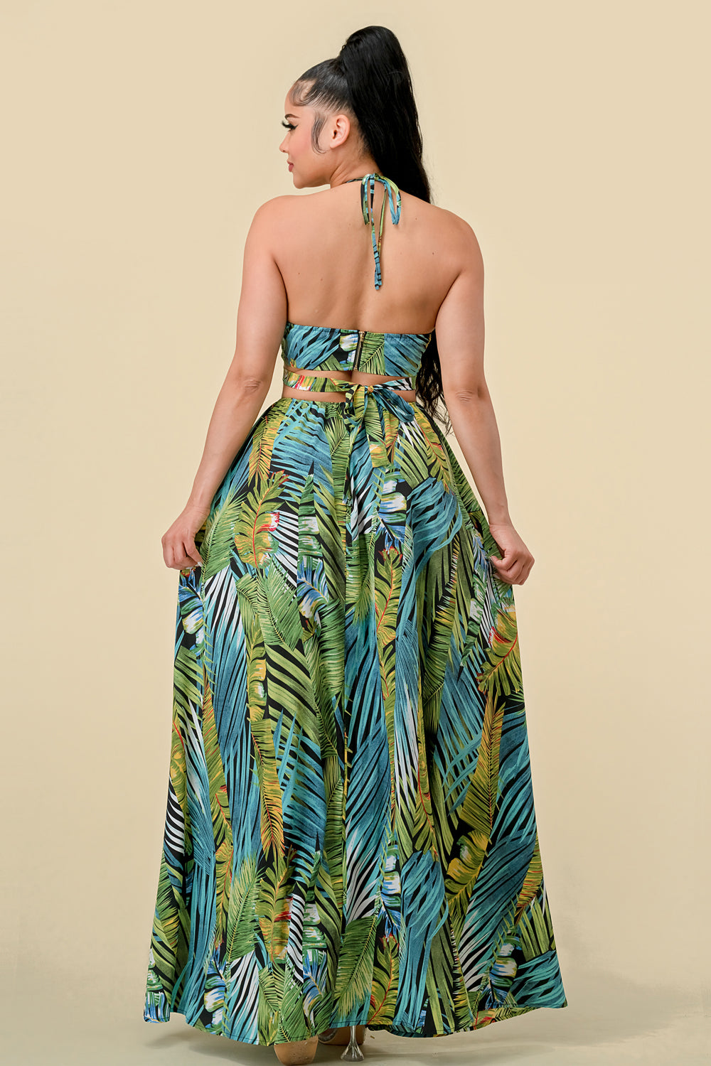 Teal/Green Long Halter Tropical Print Slit Dress for $59.99 – The Dress