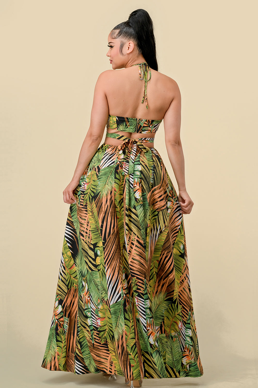 Teal/Green Long Halter Tropical Print Slit Dress for $59.99 – The Dress