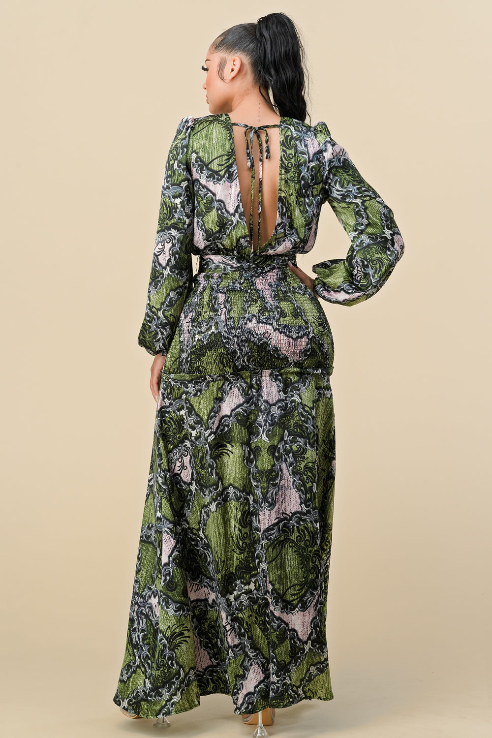 Long Sleeve Printed Wrap Maxi Slit Dress