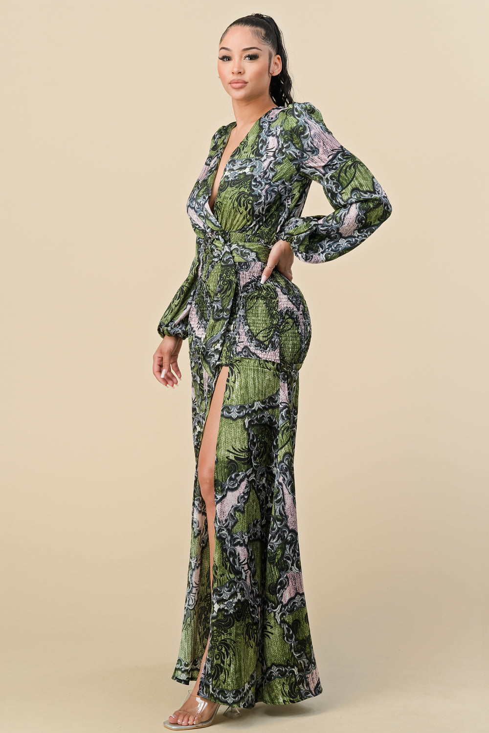 Long Sleeve Printed Wrap Maxi Slit Dress