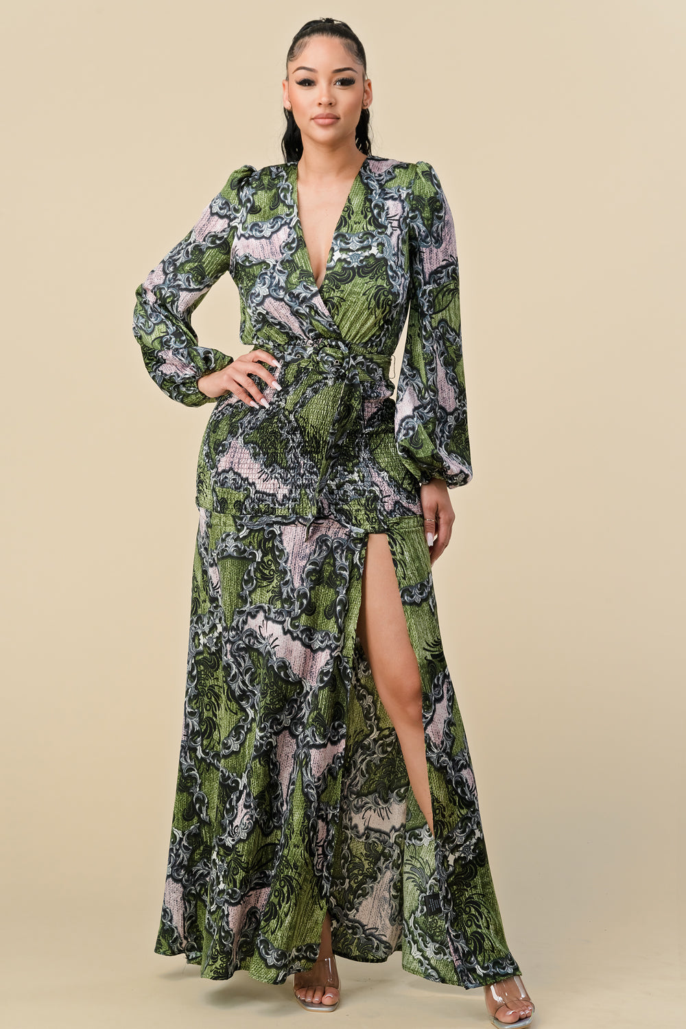 Long Sleeve Printed Wrap Maxi Slit Dress