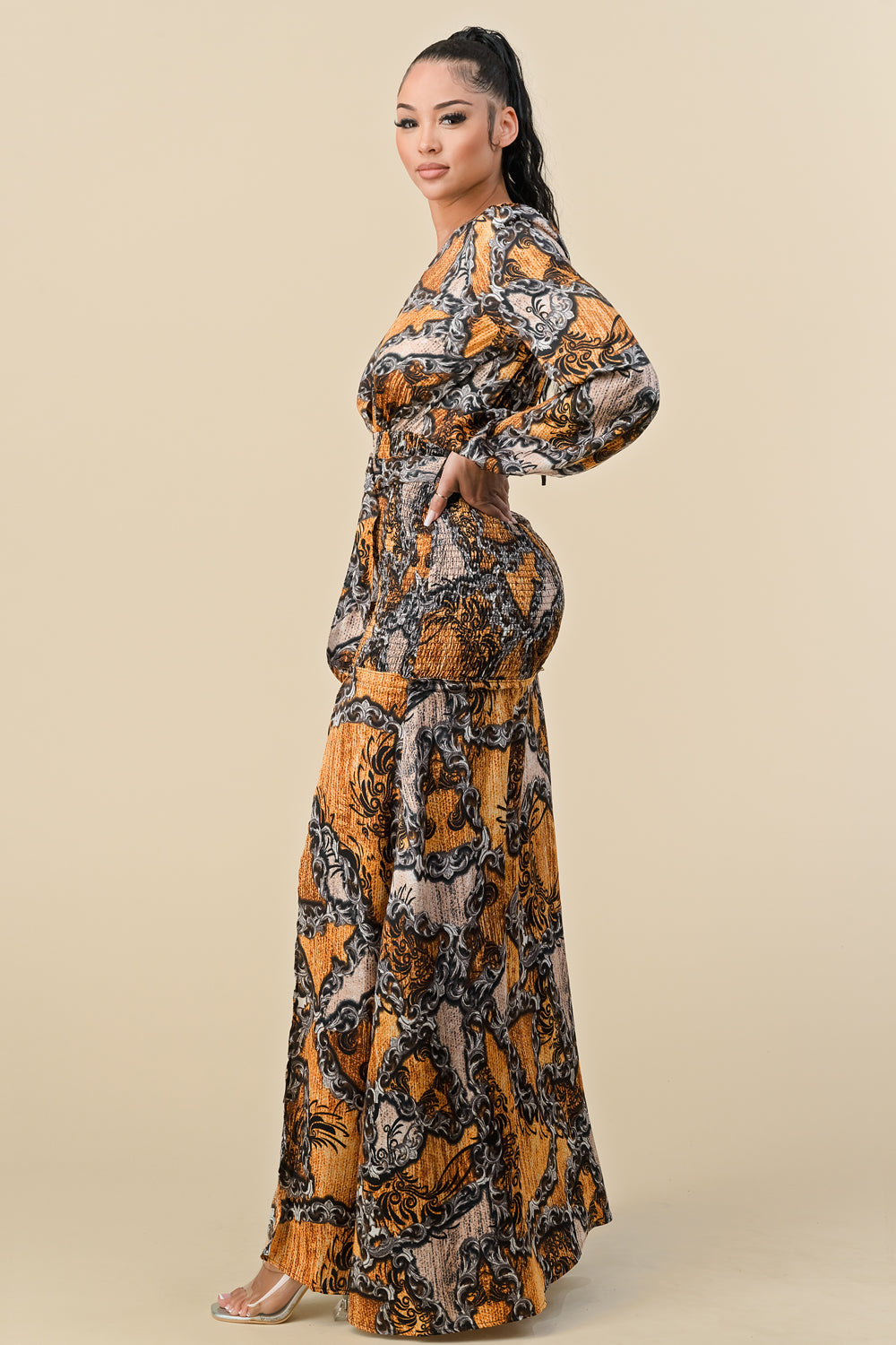 Long Sleeve Printed Wrap Maxi Slit Dress
