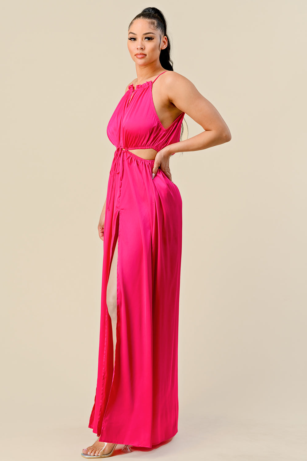 Hollow out cross front slit solid maxi dress