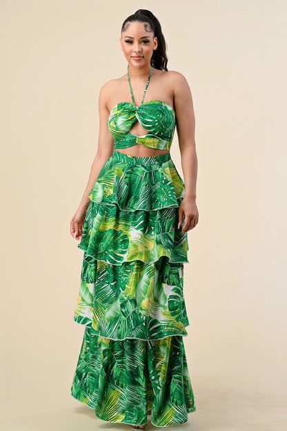 Formal Dresses Long Tropical Print Ruffle Halter Maxi Dress Green Combo