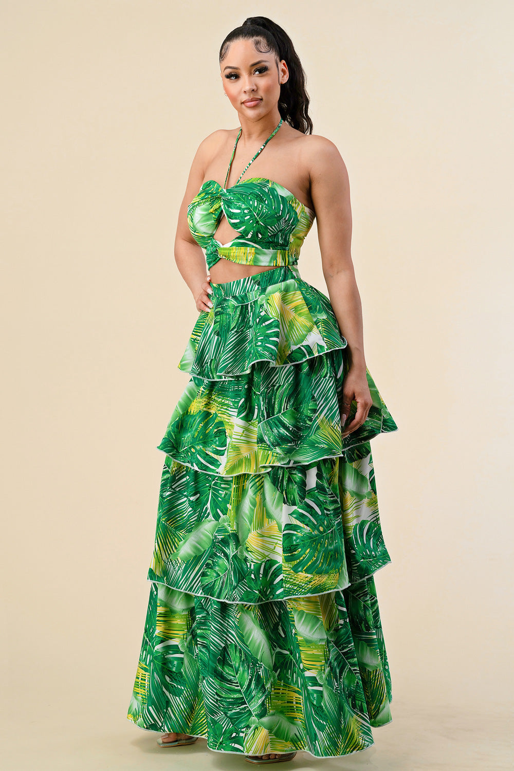 Formal Dresses Long Tropical Print Ruffle Halter Maxi Dress Green Combo