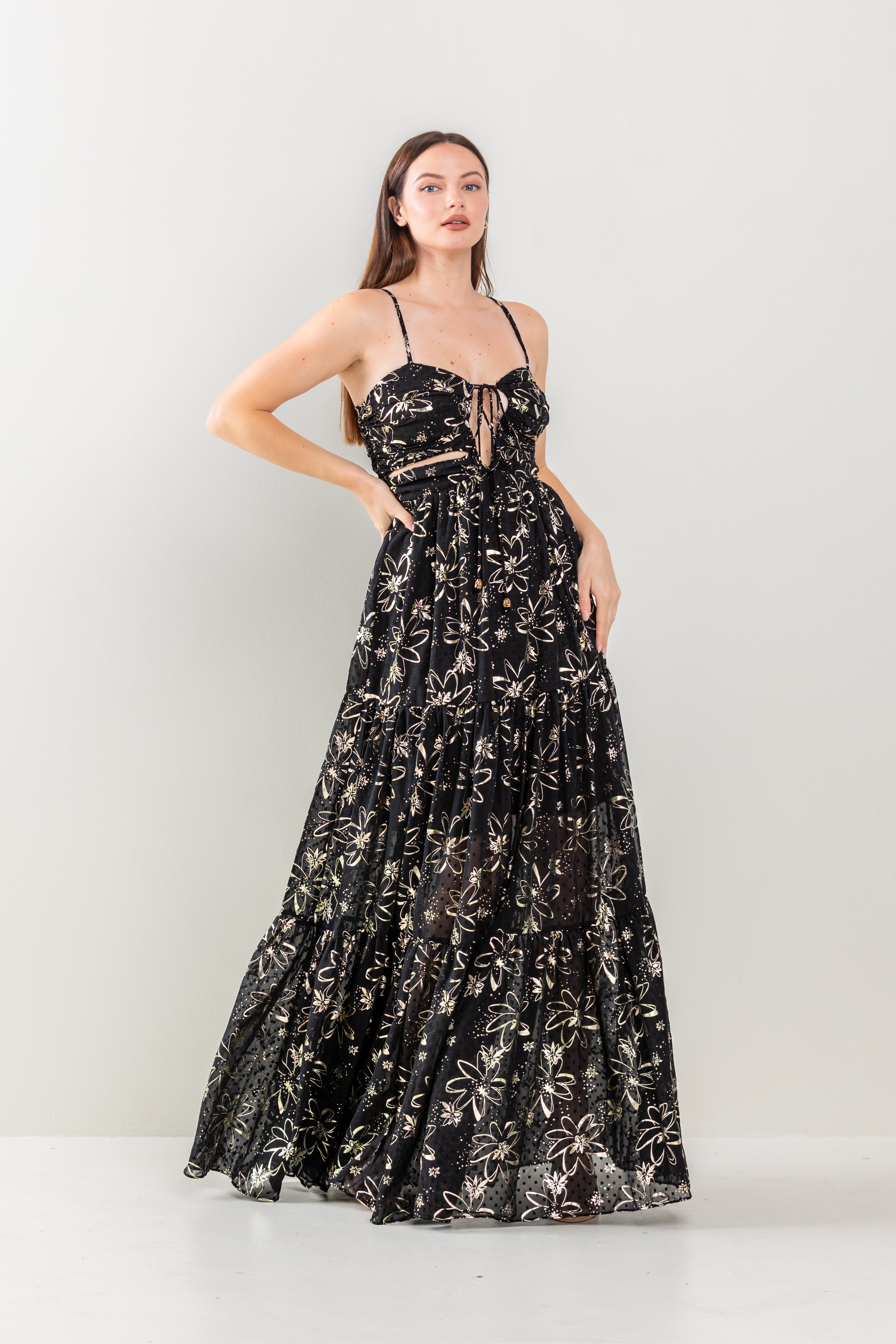 Formal Dresses Long Floral Print Tiered Maxi Dress Black/Gold