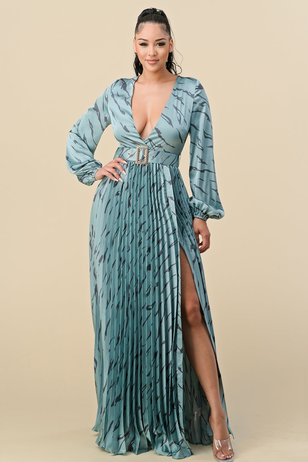 Printed Long Sleeve V Neck Belt Maxi Dress