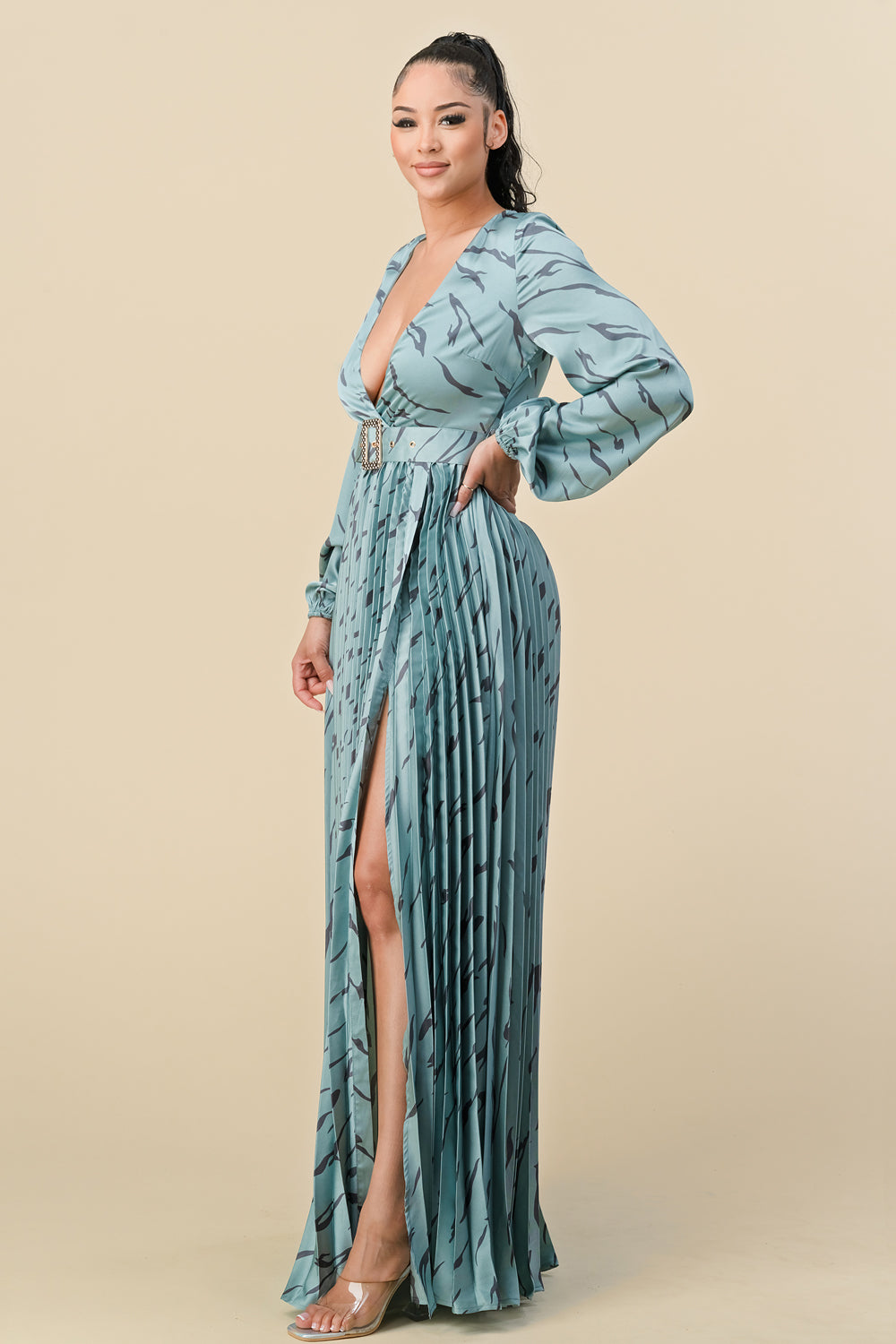 Formal Dresses Printed Long Sleeve V Neck Belt Maxi Dress Sage/Sage