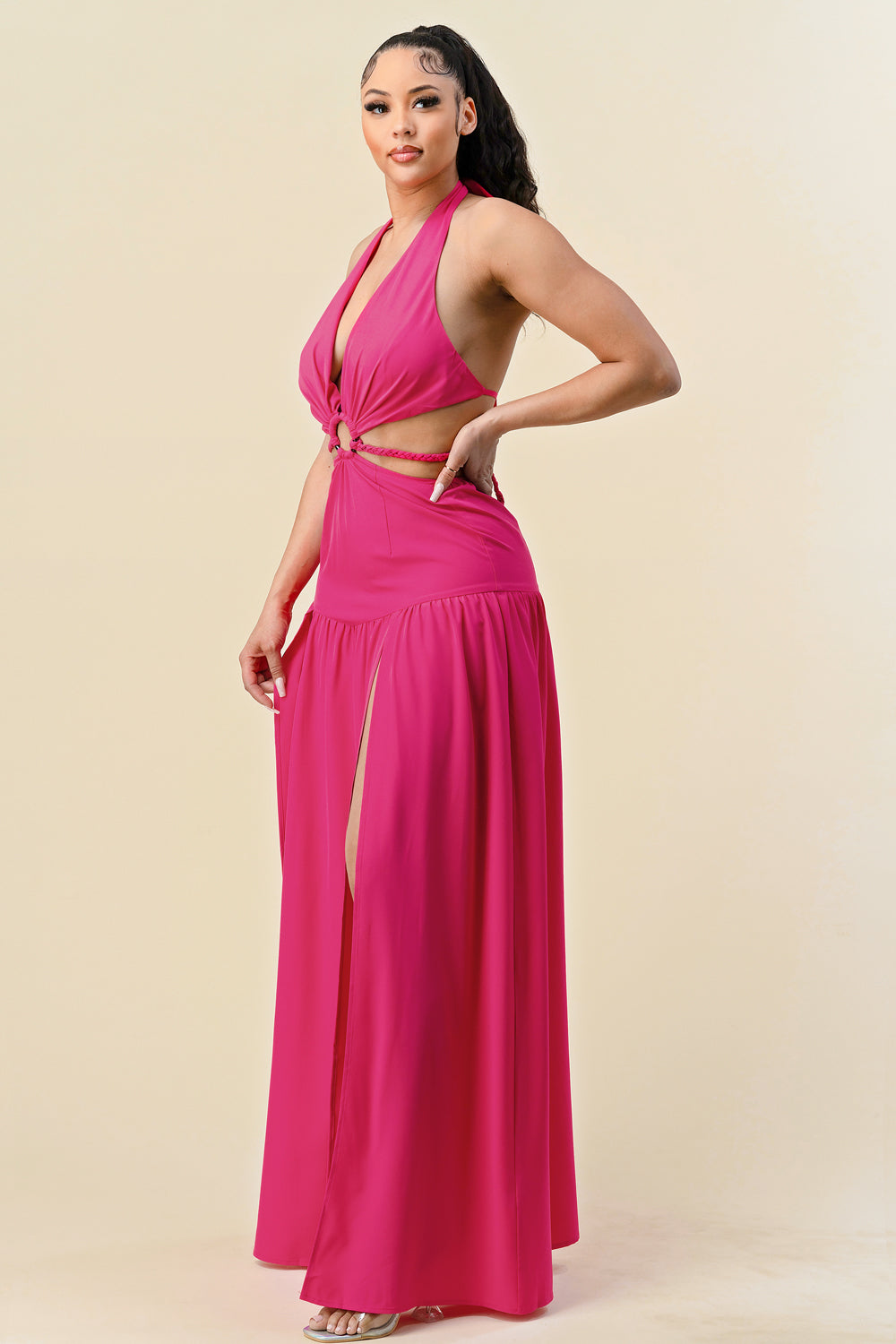 Pink Long Cut Out Slit Halter Maxi Dress for $62.99 – The Dress Outlet