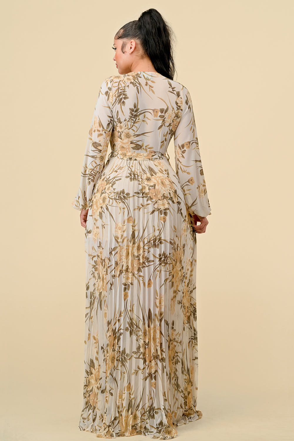 Printed Long Sleeve Pleated Maxi Dress