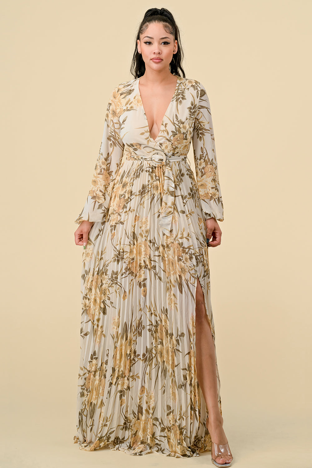 Formal Dresses Printed Long Sleeve Pleated Maxi Dress Ivory combo
