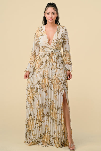 Formal Dresses Printed Long Sleeve Pleated Maxi Dress Ivory combo