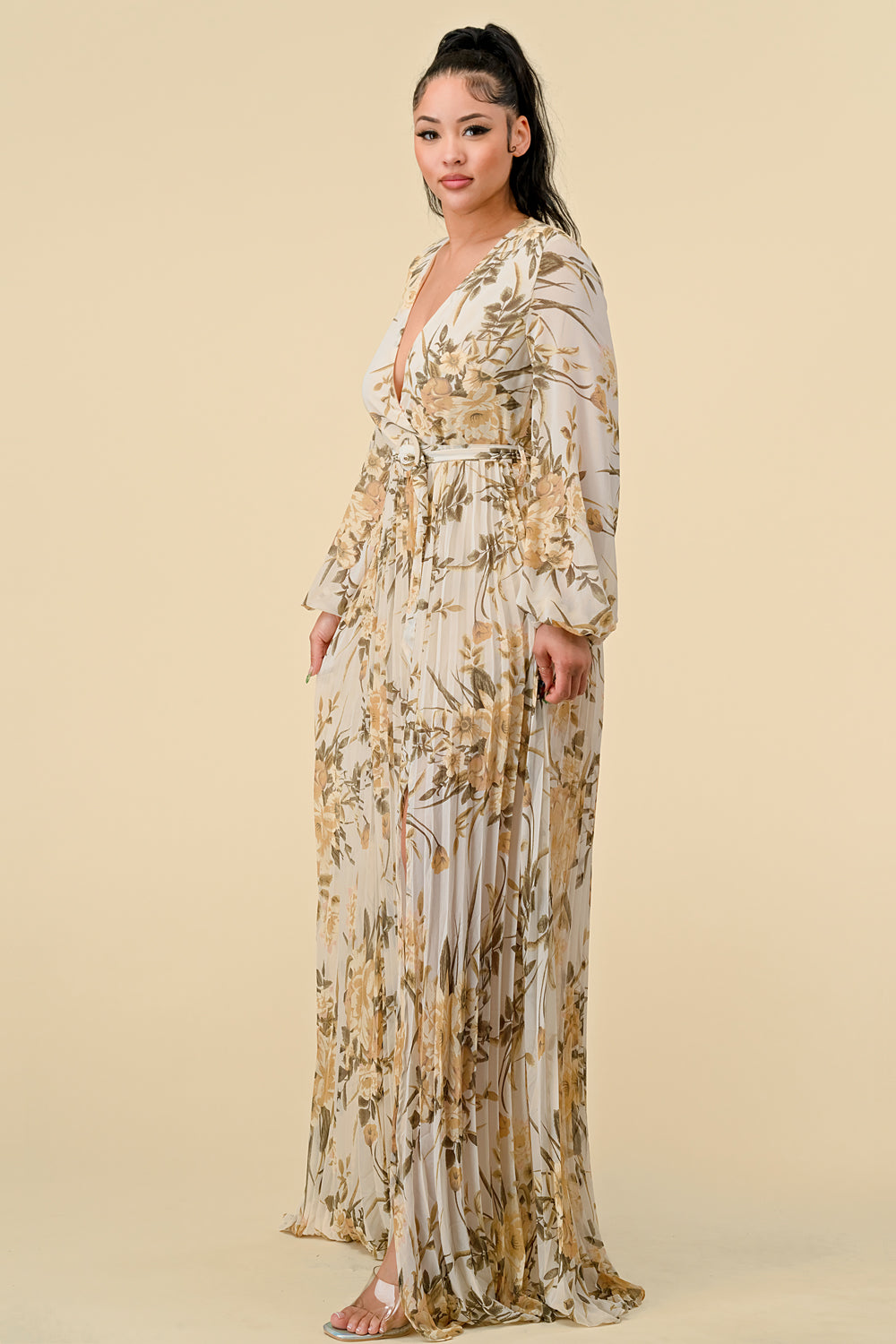 Printed Long Sleeve Pleated Maxi Dress