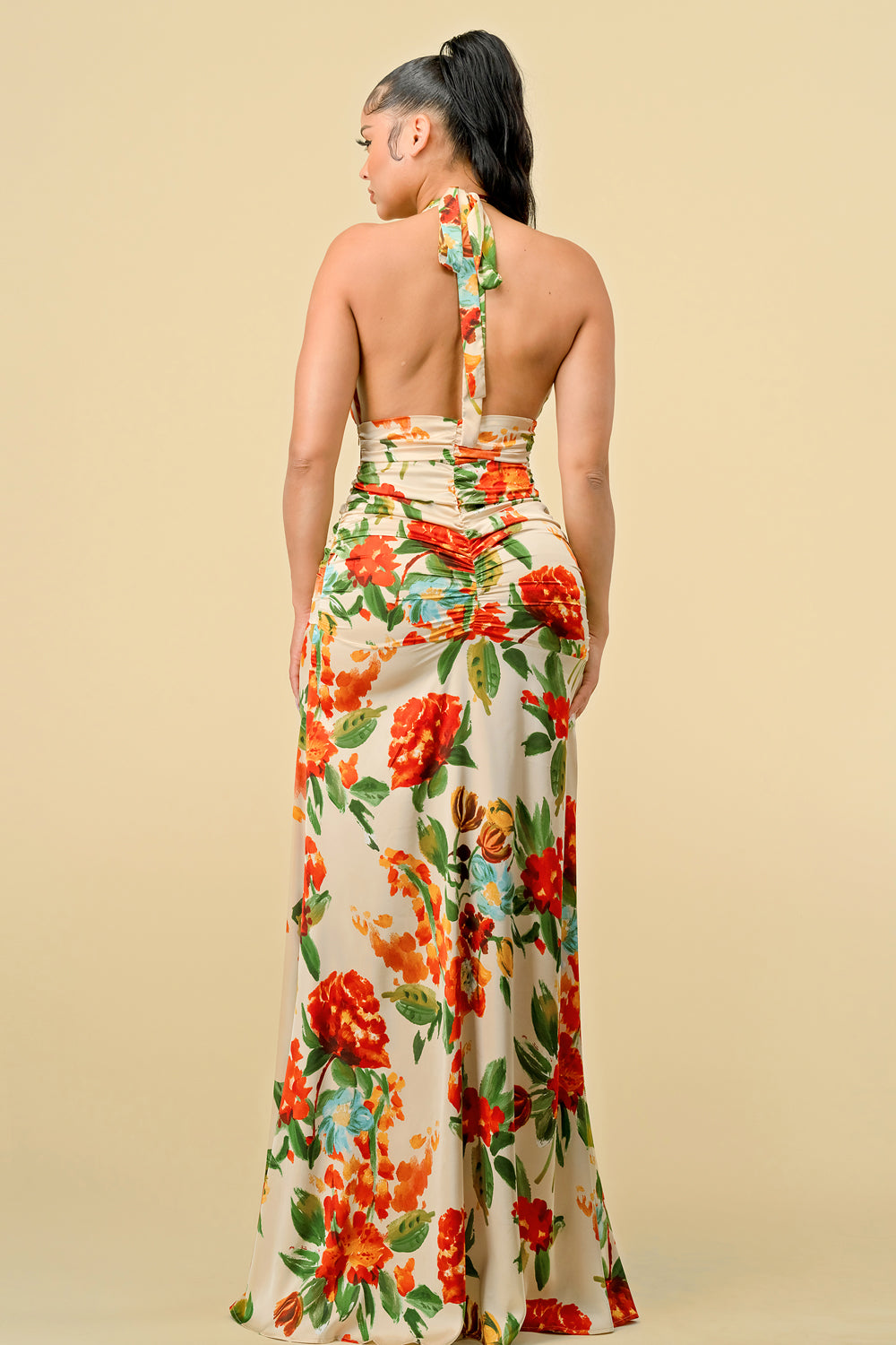 Long Halter Neck Printed Ruched Maxi Dress