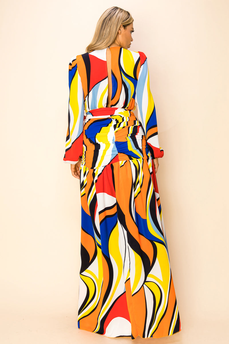 Long Printed Long Sleeve Slit Maxi Dress