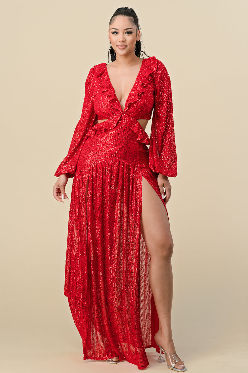 Long Deep V Neck Sequins Long Sleeve Maxi Dress – The Dress Outlet