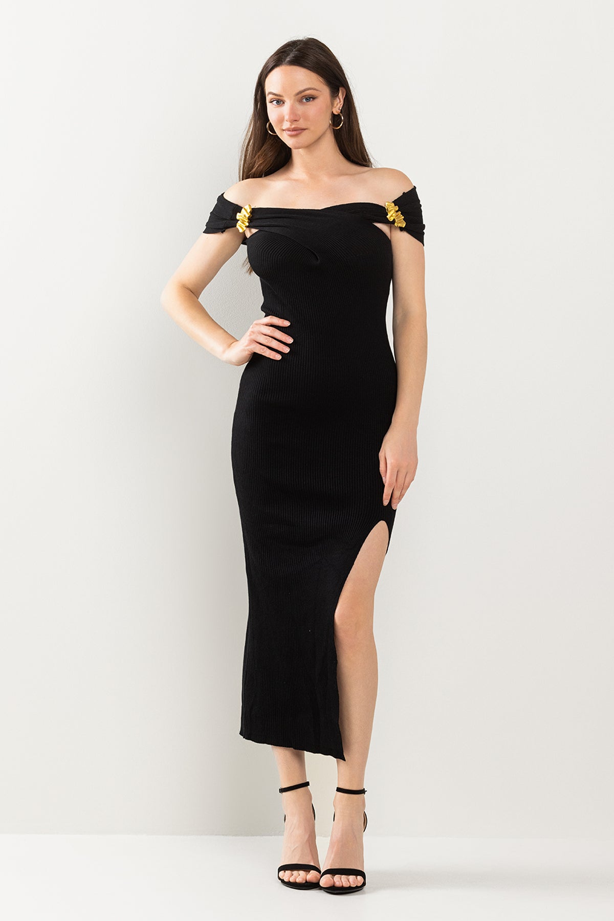 Fitted Off Shoulder Slit Midi Dress