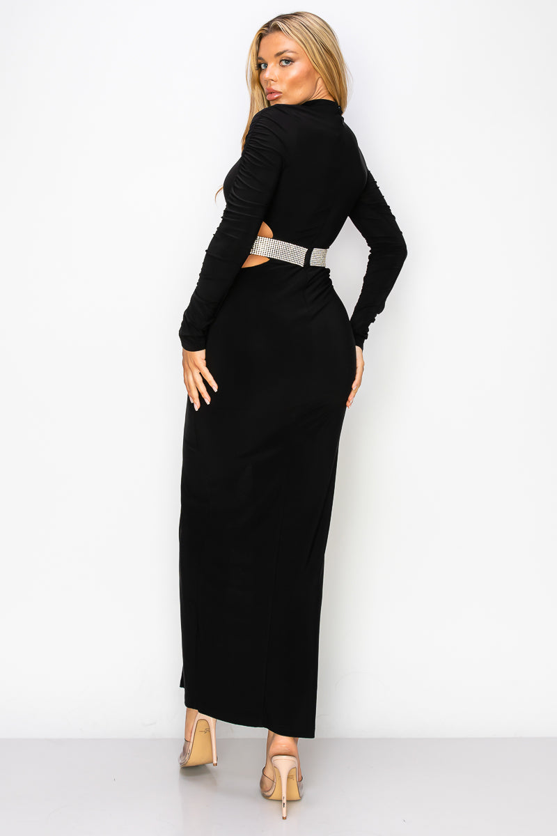 Formal Dresses Fitted Slit Long Sleeve Cutout Dress Black