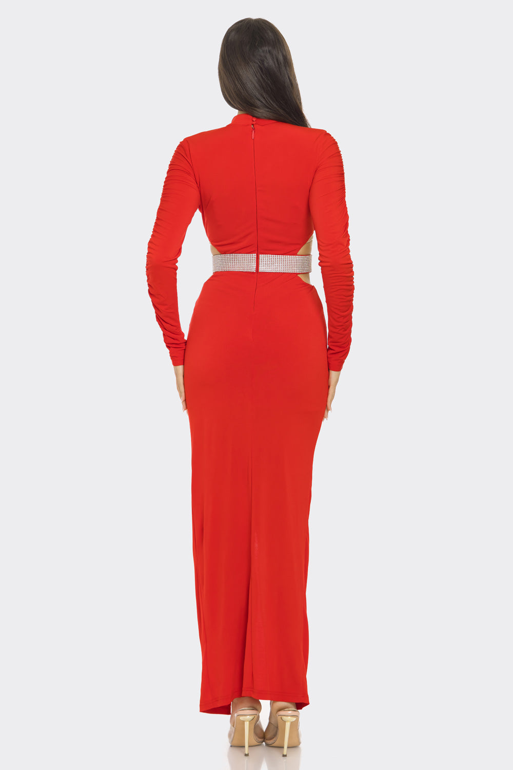Simple Solid Color Stup Collar Long Sleeved Hollow Out Cutout Long Slit Dress