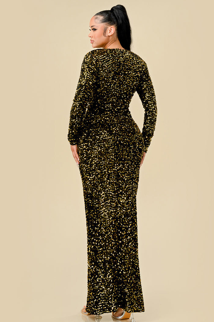 Formal Dresses Long Sleeve Fitted Sequin Maxi Dress Black/Gold