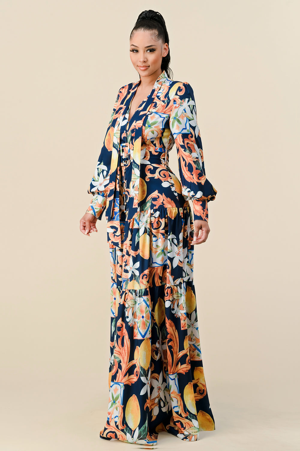 Off-Shoulder Printed Maxi Dress with Long Sleeves