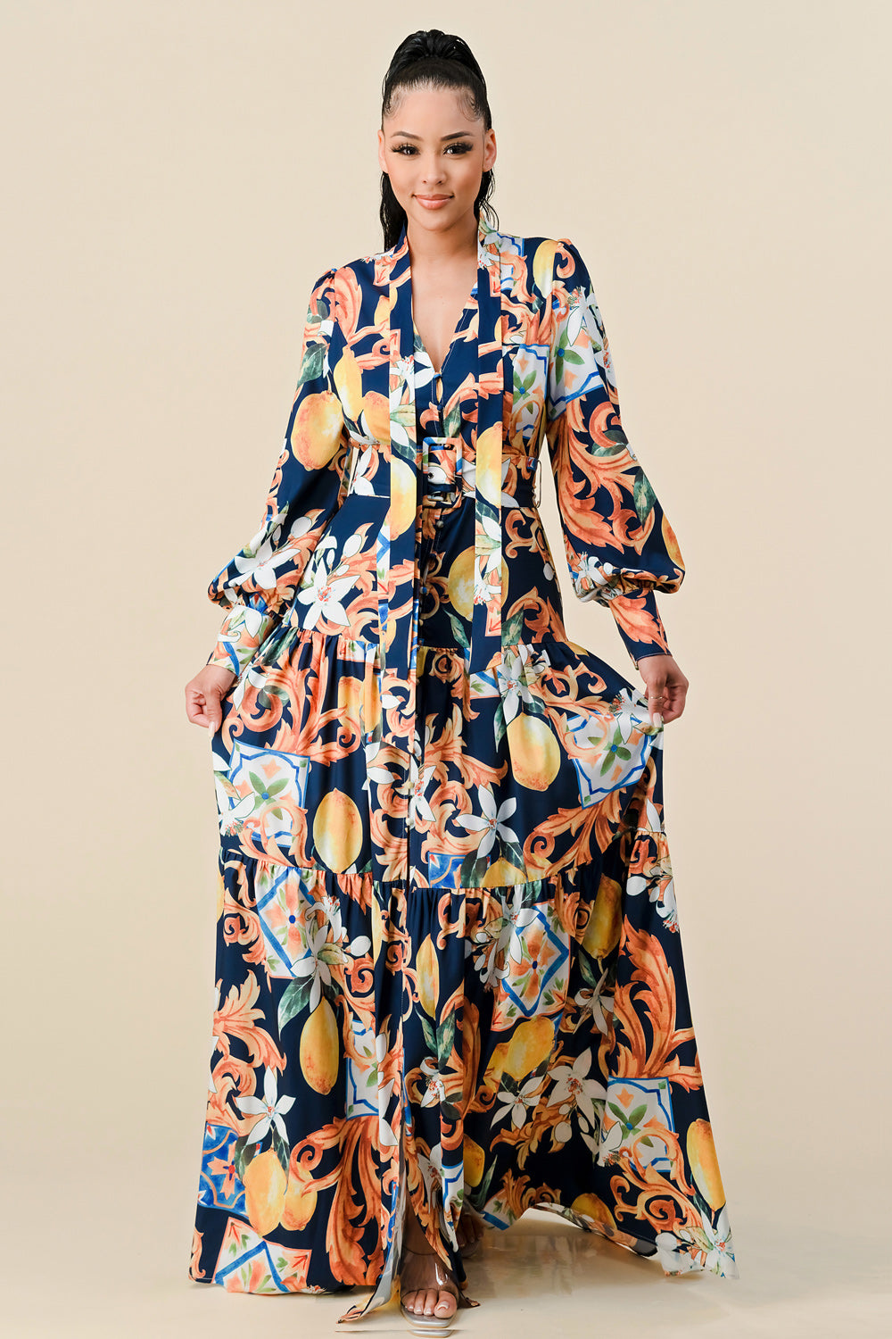V neck print contrast cami maxi dress